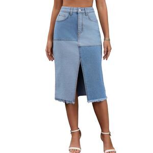 Women Denim SkirtColor Block Raw Hem Midi Slit Jean Skirt Light Blue